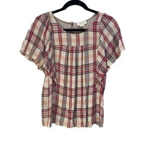 Maeve by Anthropologie Plaid Butterfly Sleeve Top Blouse Size S